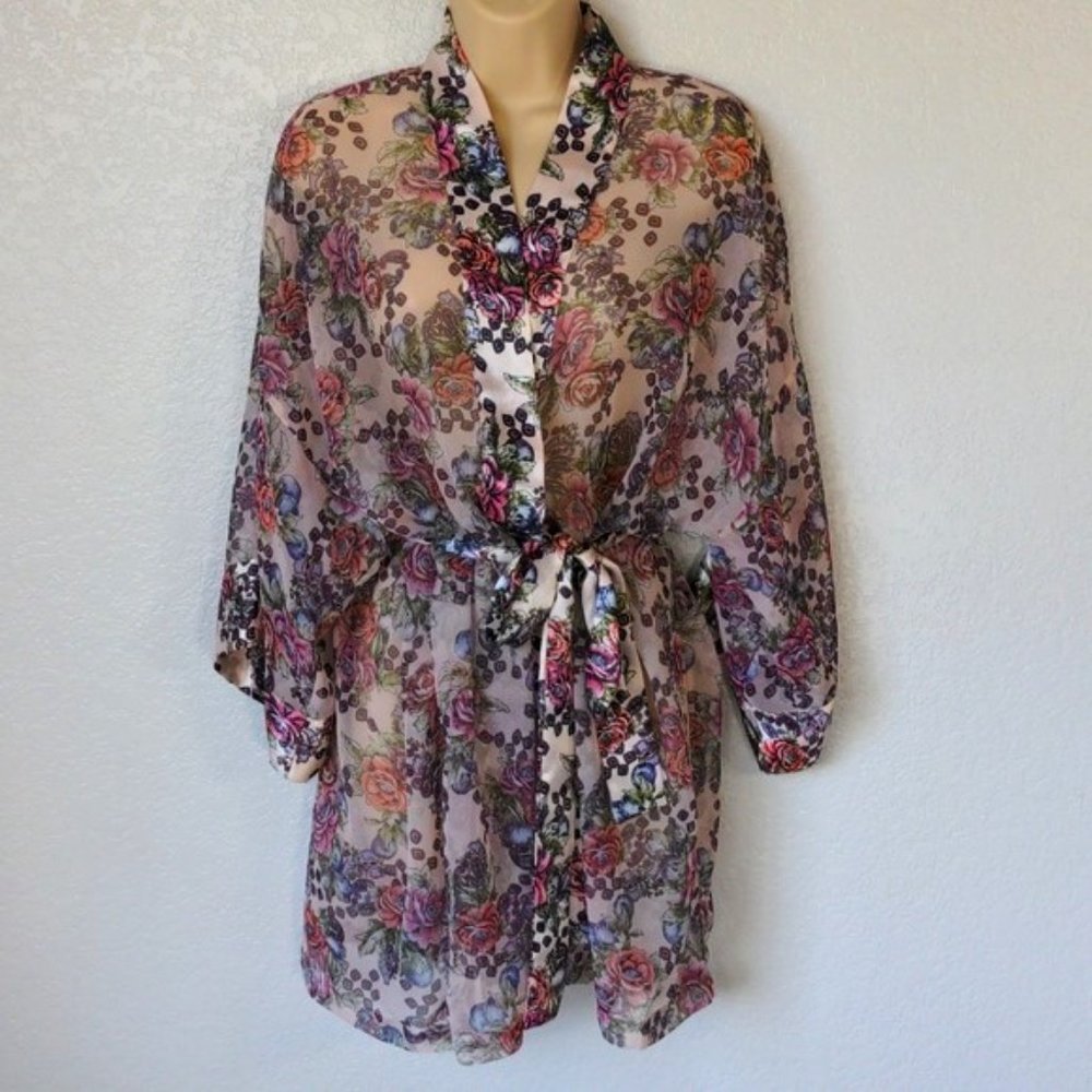 Victoria's Secret O/S Short Robe Sheer Whimsigoth Fairy Floral 3/4 Sleeve Belted